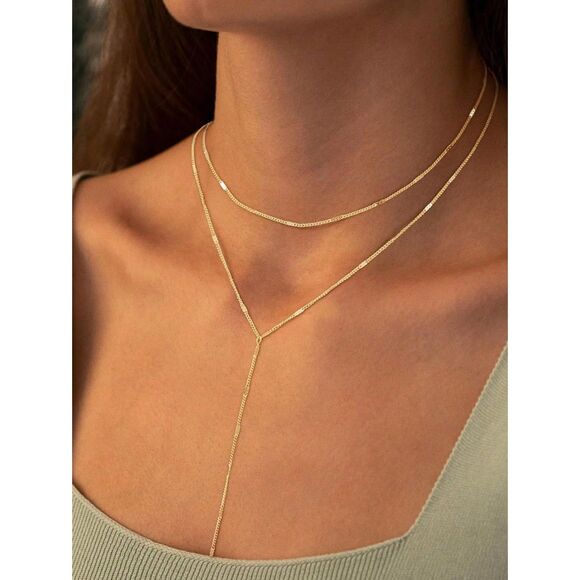 14K Gold Plated Double Layered Chain Necklace Y-Drop Choker Stacked Dainty New - Picture 5 of 5